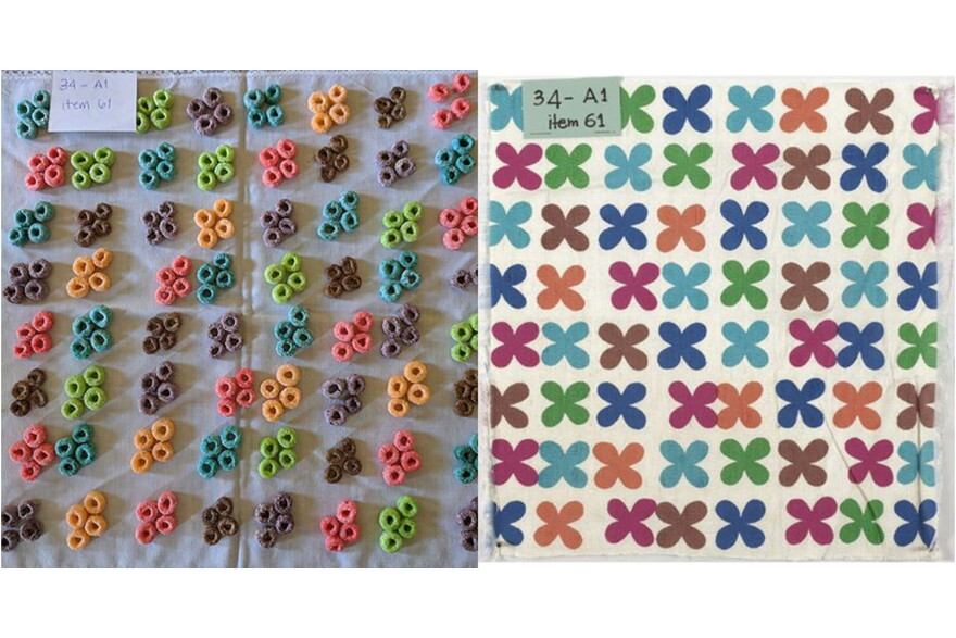 (Right) Herman Miller “Quatrefoil” (#627) by Alexander Girard, sample (Item No. 61) for Girl’s Bedroom #2 Curtains, 1955/1957, Miller House (Columbus, Ind.), Miller House and Garden Collection (M003)  (Left) Created by Alba Fernandez-Keys, Newfields