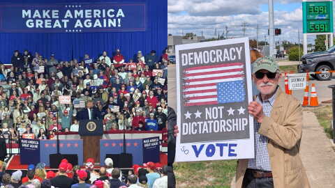 Left: President Trump at a podium on a rally stage. Right: a demonstrator with a sign that says "Democracy not dictatorship - Vote." In the background is a gas sign showing $3.99 a gallon. 