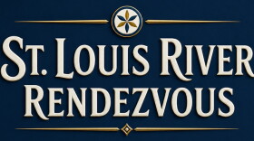 Lettering with formal border against a navy blue background; reading "St. Louis River Rendezvous"