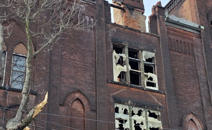 Damage and debris is seen outside the St. Ann's School, which sustained extensive fire damage on Jan. 16, 2026.