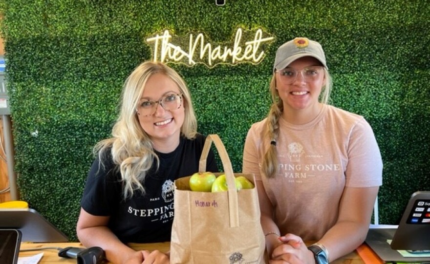 Ally Barnett & Hanna Barnett at the Stepping Stone Farm produce counter.