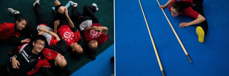 Left: The advanced team laugh together during a break. Right: A Wushu student stretches to prepare for practice.