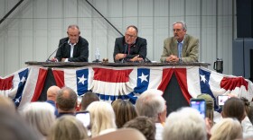 Box Elder County Commissioners, from left to right, Boyd Bringham, Tyler Vincent and Lee Perry at the BEC Fairgrounds in Tremonton, May 4, 2026, for a special county meeting on a proposed hyperscale data center project.