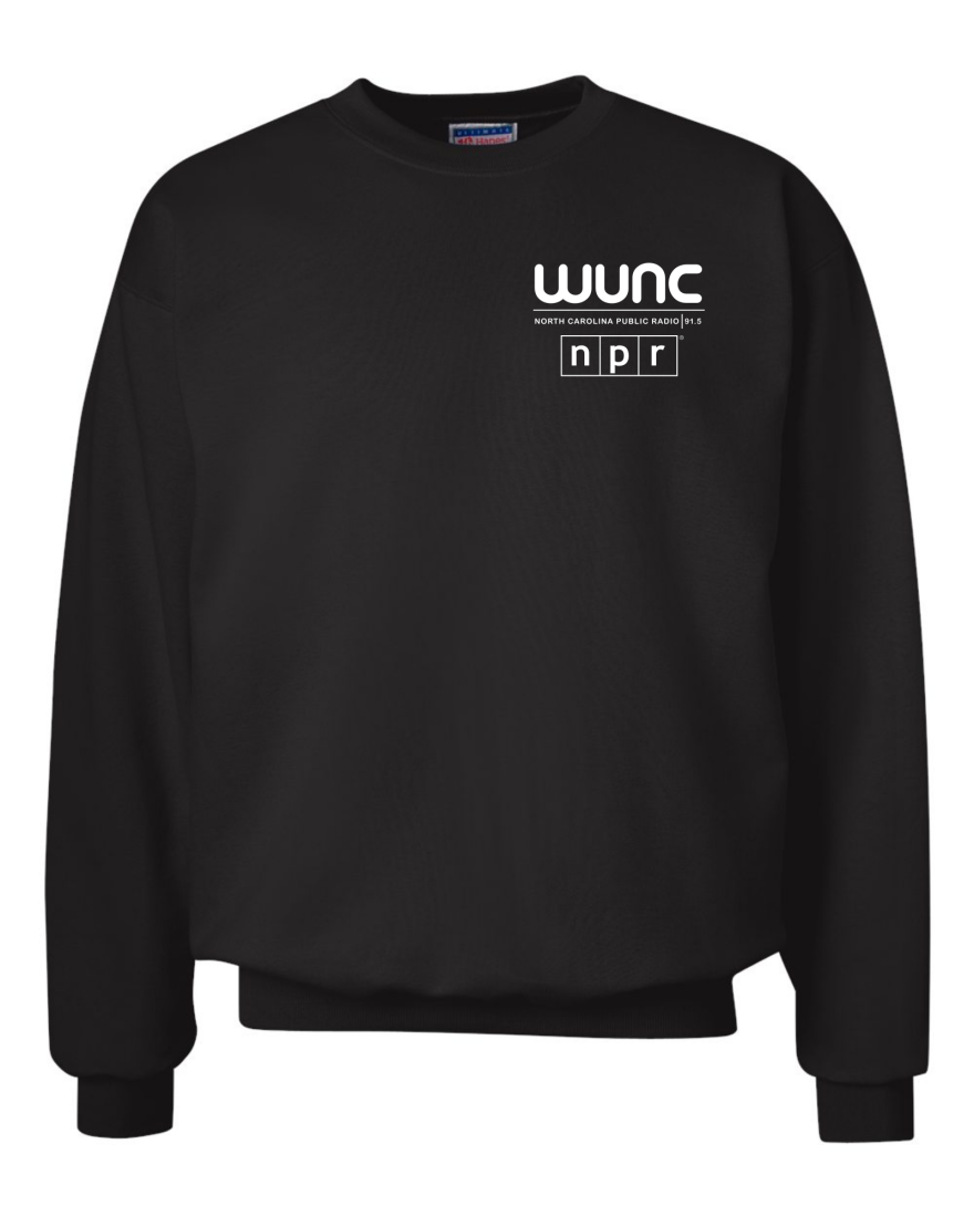 A black crewneck sweatshirt featuring the WUNC and NPR logos