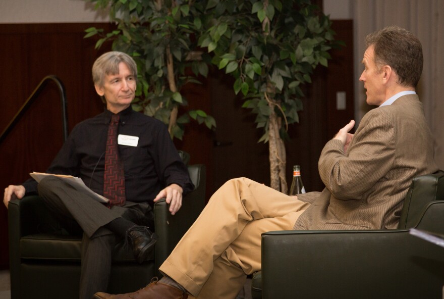 WUSF's Carson Cooper interviews NPR Morning Edition Host Steve Inskeep at an event at USF Sarasota-Manatee in 2017.