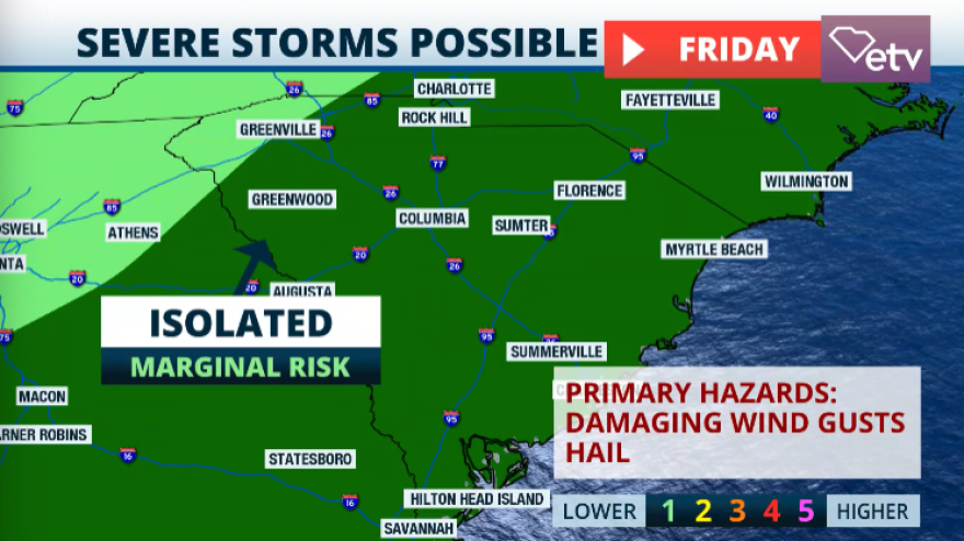 Damaging winds and hail are possible with the isolated storms on Friday.