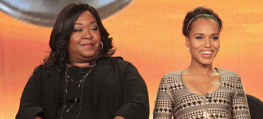 Shonda Rhimes (left) with <em>Scandal</em> star Kerry Washington at a 2012 press conference.