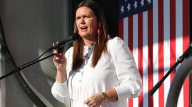 Arkansas GOP primary candidate for governor, Sarah Huckabee Sanders, speaks to a crowd of supporters on Sept. 6, 2021, in Benton, Ark., her first campaign appearance after announcing her candidacy.