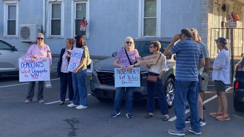 Dissident Lacakwanna County Democrats protest outside the Dickson City Community Center on Sept. 11, 2025, The dissidents protested a closed-door meeting to select a nominee for a special election for county commissioner.