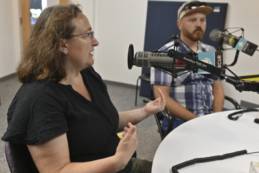 Two people sit in a radio studio talking at microphones. The person at left is gesturing while talking.