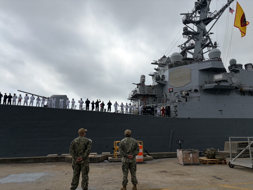Sailors of the destroyer USS Stout prepare to leave Norfolk for what could be a year-long deployment.