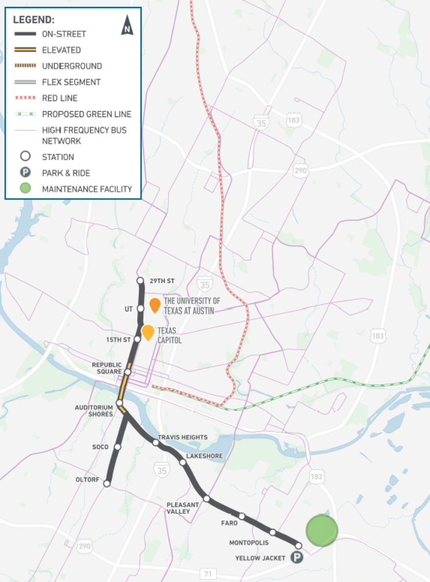 A map showing the light-rail option called 29th to Oltorf to Yellow Jacket