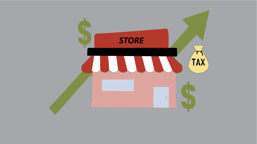 A graphic depicting a store with a green arrow representing rising costs as a result from slashed income tax rates.