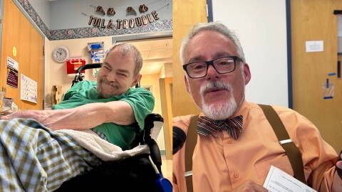 Edward Hollembaek (left) in his room at Monroe Community Hospital in June. He was one of the 1966 picketers. Bruce Darling (right) speaks at Center for Disability Rights, where he is president of the organization.