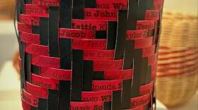 Shan Goshorn (Eastern Band Cherokee, 1957-2018). Reshaping the Journey, 2018. Arches watercolor paper splints printed with archival inks and acrylic paint (acrylic interference paint, silver leaf, and artificial sinew), 4 × 4 × 5". Philbrook Museum of Art, Tulsa, Oklahoma. Bequest of Beverly Bryan Family Trust, 2024.11. © Shan Goshorn