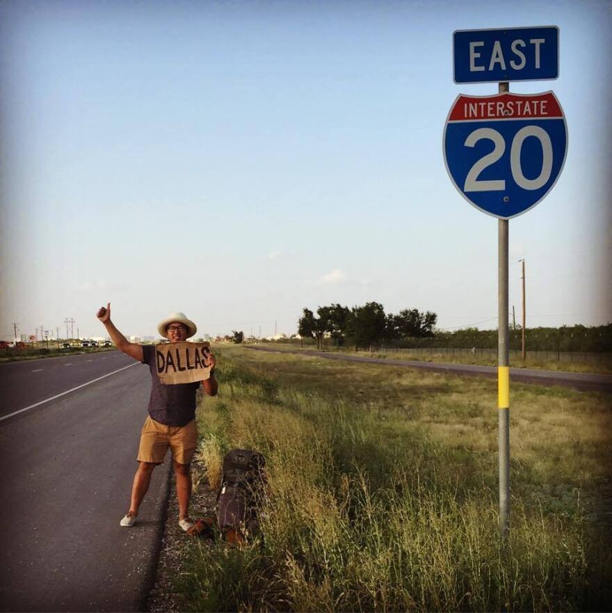 Hoang-Chau Nguyen puts his thumb out to catch a ride from Midland, Texas, to Dallas. He posted this photo on Facebook with the caption: "Hitchhiking is all about viewing your immediate problems in pragmatic and strategic terms. There aren't any other issues, only your actual resources and your awareness of all your possible choices of action."