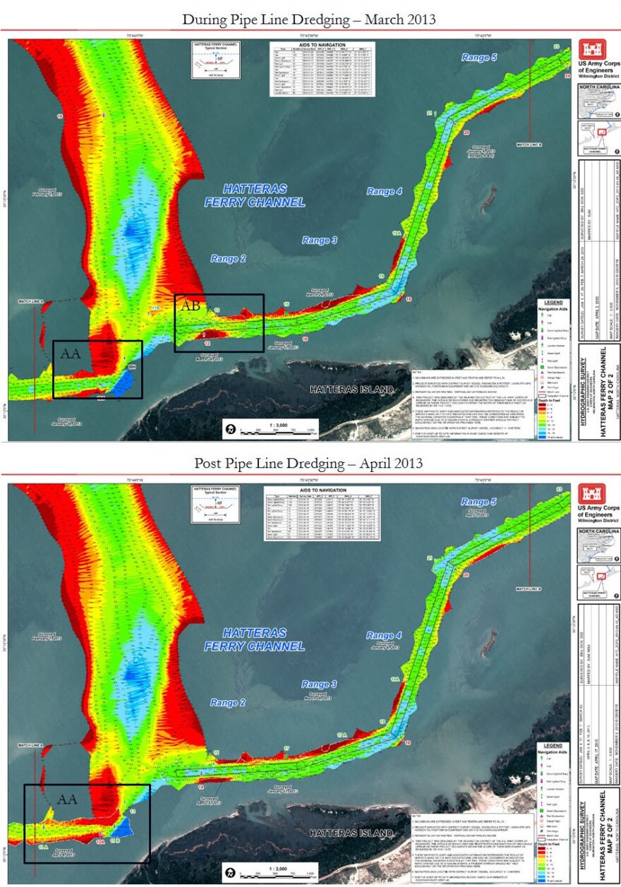 A map of the channel depths shows how sand moved back into the original channel over the course of a month.