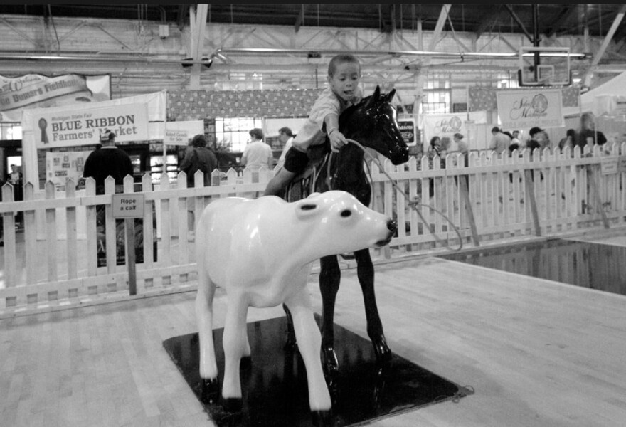 Boy roping a plastic calf at the 2008 Michigan State Fair