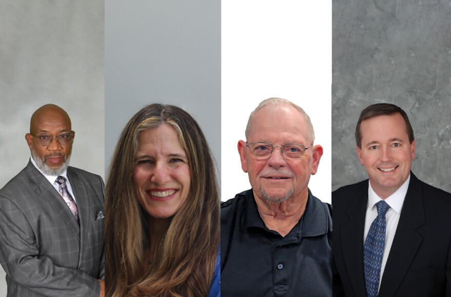 Professional portraits of school board candidates paired together