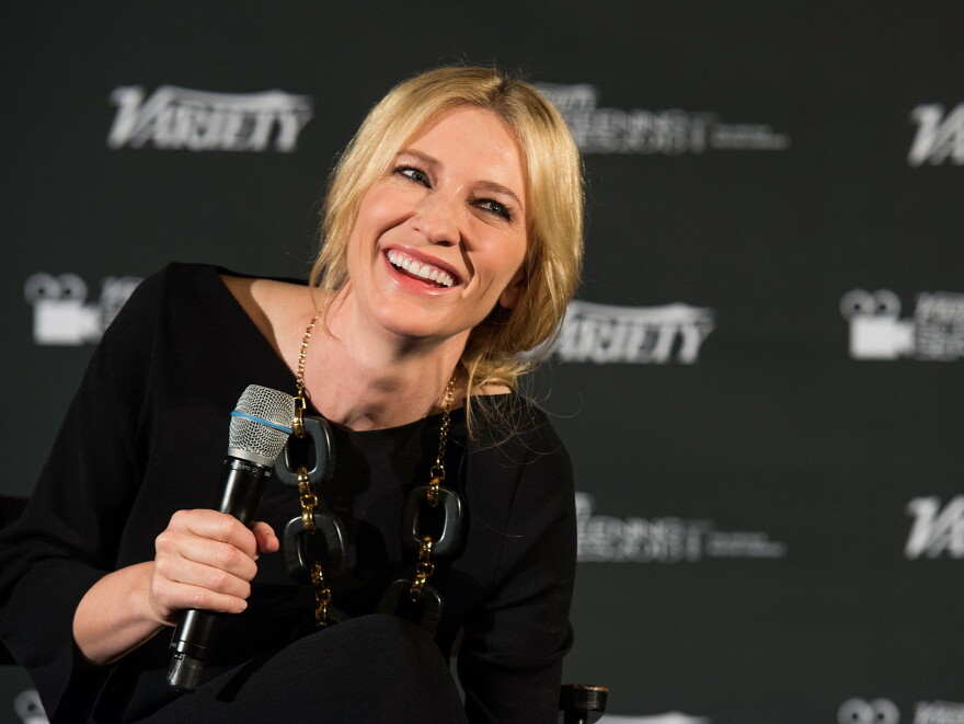 <strong>Laugh Riot:</strong> Blanchett, pictured here at a Hollywood screening of <em>Blue Jasmine</em> on Jan. 9, tells NPR's Robert Siegel that she read the film as a black comedy. It wasn't until three weeks into filming that director Woody Allen told her it was meant to be a serious drama.
