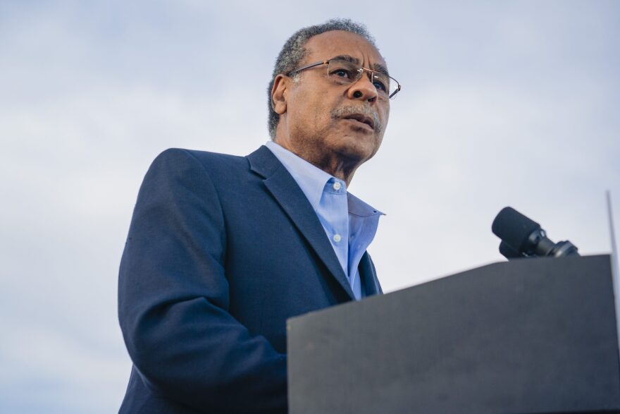 U.S. House Representative Emanuel Cleaver introduces Joe Biden at a campaign rally at the National World War I Museum and Memorial on March 7, 2020 in Kansas City