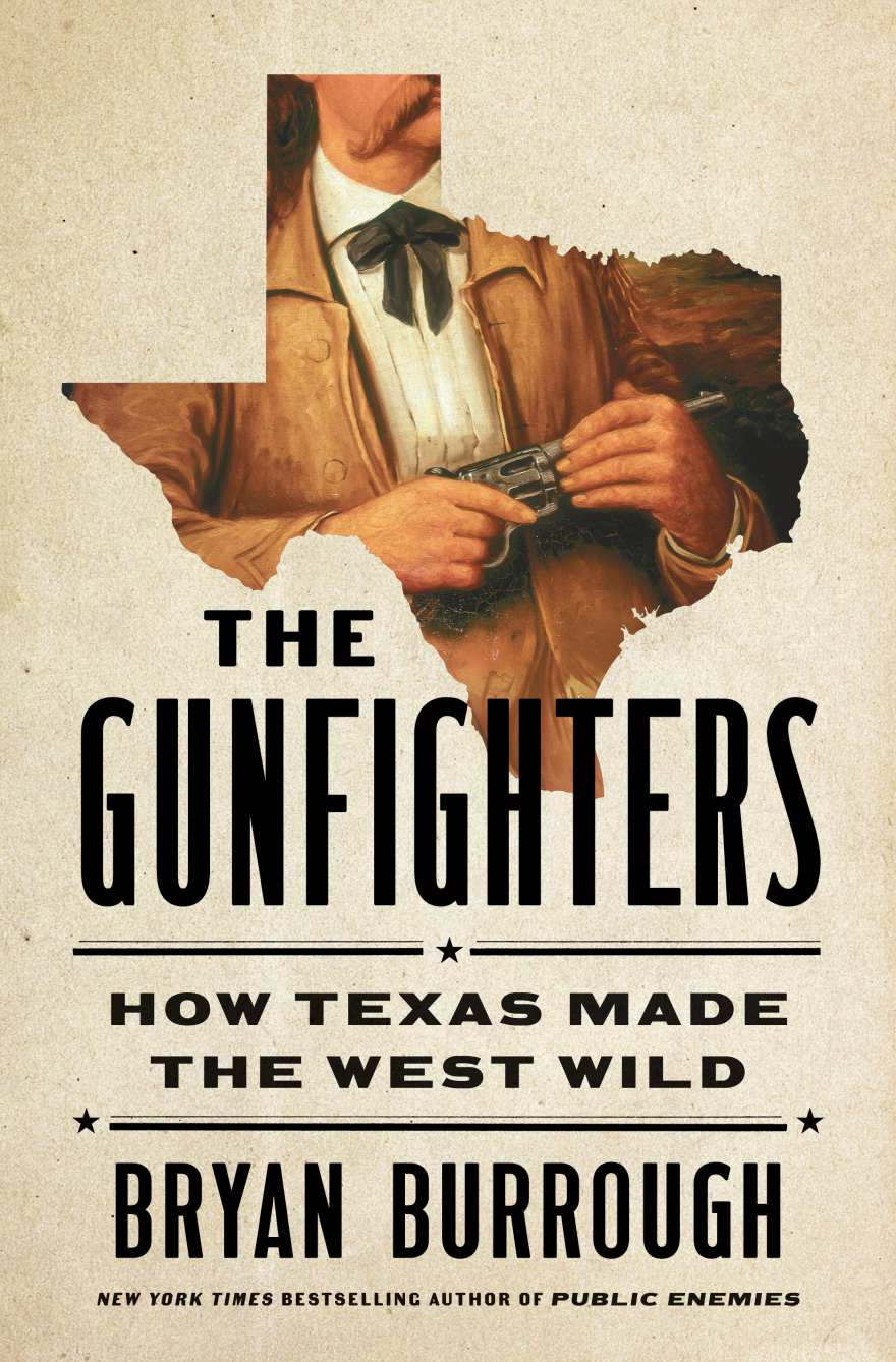 "The Gunfighters: How Texas Made the West Wild" features a Texas-shaped illustration of a man in an old-timey coat holding a gun.