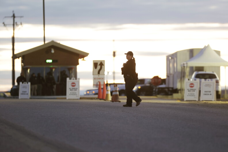 A prison officer patrols near the entrance to the Idaho Maximum Security Institution near Kuna, Idaho on Wednesday, Feb. 28, 2024. Thomas Eugene Creech is set to be executed at prison south of Boise for the state's first execution in 12 years. 