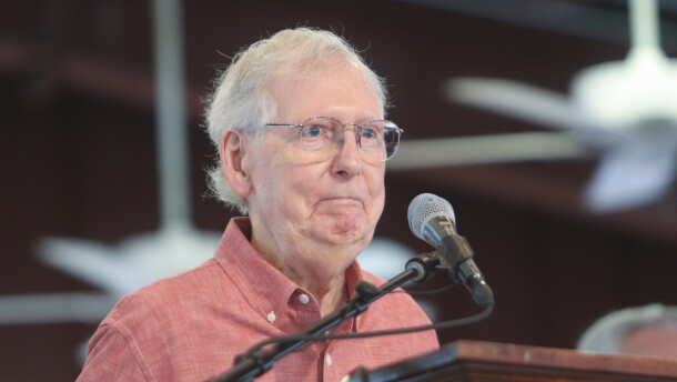 U.S. Sen. Mitch McConnell speaks during the 2023 St. Jerome Picnic in Fancy Farm, Kentucky.
