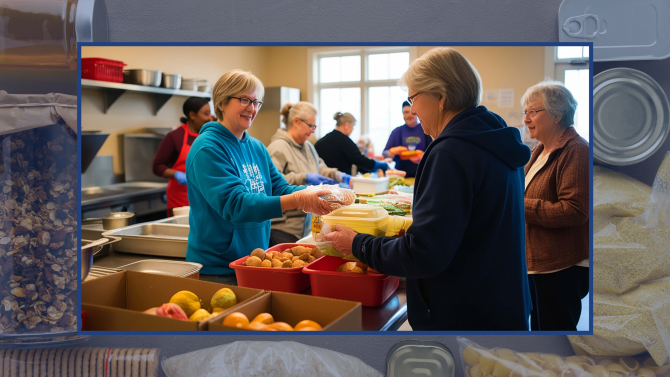 Volunteers at a food pantry filling containers with food for distribution.