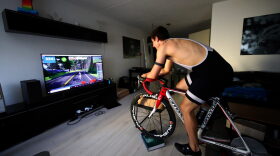 Long Track Speed Skater and current 100m inline roller skate World Champion, Daniel Greig of Australia trains on his stationary bike. How are you staying healthy during the pandemic? 