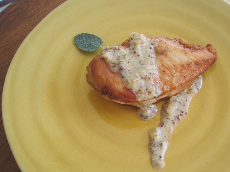 Castle's pan sauce (served here with chicken) is spiked with brandy, cider and mustard.