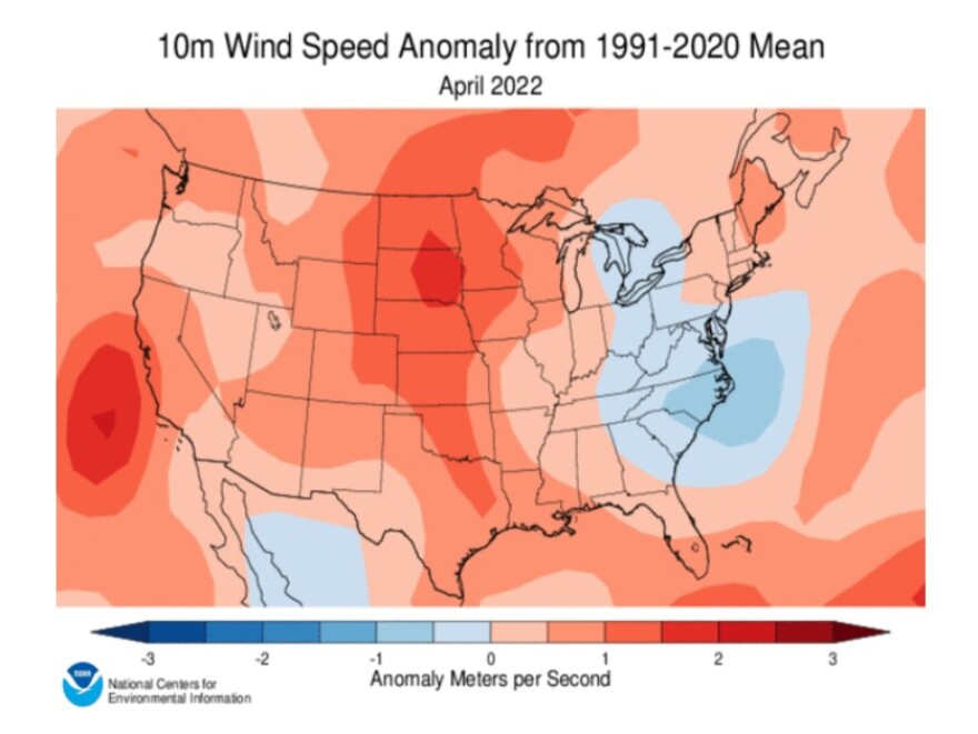 Map showing above average wind speeds