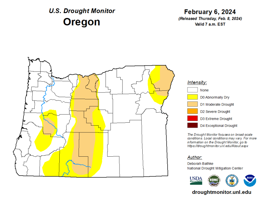 A map showing current drought conditions in Oregon.