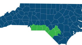The North Carolina 9th Congressional District is seen here in green. 