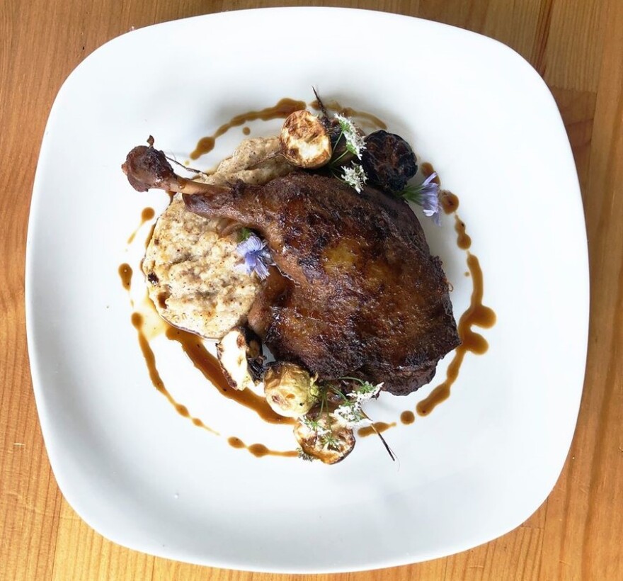 Tasso cured duck leg with popcorn grits at Freshwater