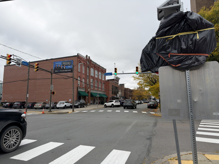 A stop sign is bagged at the corner of Linden Street and Penn Avenue until Monday when downtown Scranton traffic patterns will change.