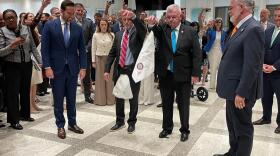 House Speaker Daniel Perez (left) and Senate President Ben Albritton (right) took part in a traditional hanky-drop ceremony marking the end of the legislative session.