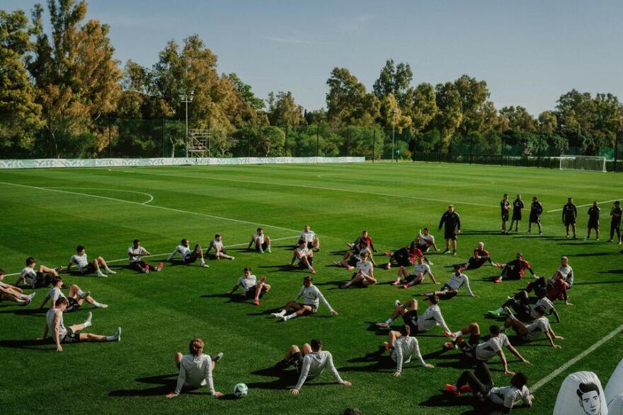 They like to kick, and stretch, and kick: The Sounders in Spain on Jan. 22, preparing for their most complicated season schedule yet.