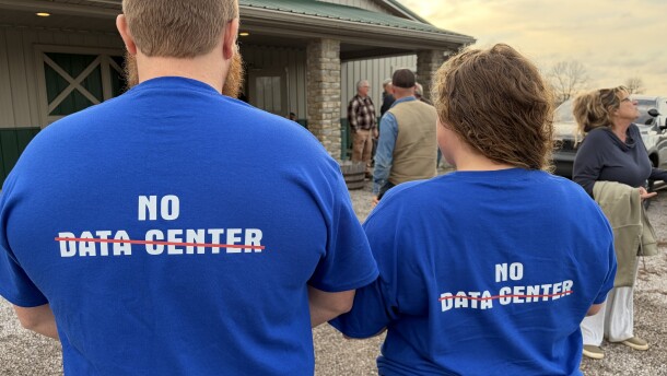 Opponents of a data center in Mercer County wore blue T-shirts to a public meeting in Harrodsburg.