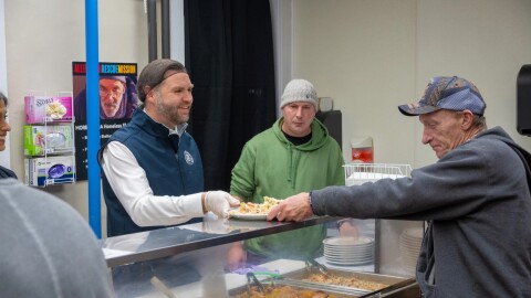 U.S. Vice President J.D. Vance serves lunch Tuesday, Dec. 16, 2025 during a visit to the Allentown Rescue Mission.