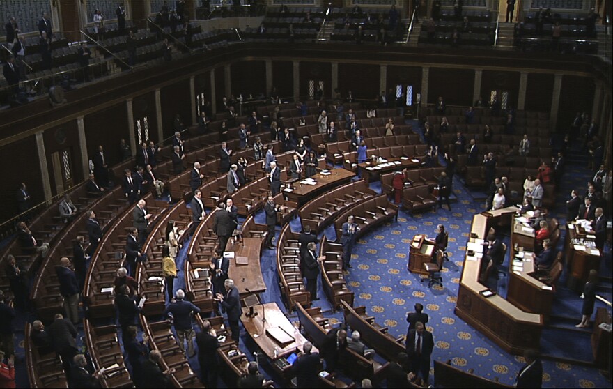Members of the House stand after they passed the $2 trillion-plus coronavirus stimulus package in March at the Capitol.