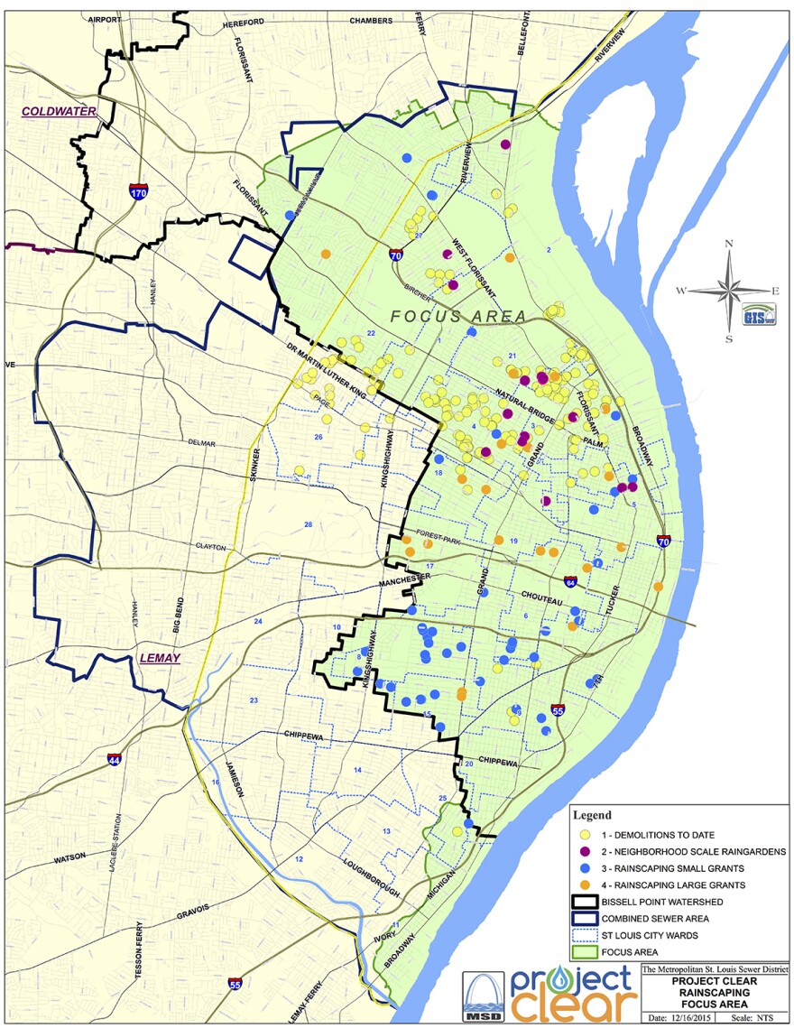 This map shows the Metropolitan St. Louis Sewer District's "green" infrastructure projects through Dec. 2015.