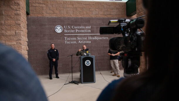 Stephen Cristinzio, acting deputy chief patrol agent for Border Patrol's Tucson sector, answers questions during a news conference Wednesday, Oct. 21, 2026.