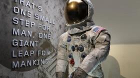 Neil Armstrong's Pressure Suit, A7-L, A19730040000, Apollo 11, that he wore to walk on the moon July 20, 1969 in its new display case in The Wright Brothers & the Invention of the Aerial Age Gallery of the National Air and Space Museum