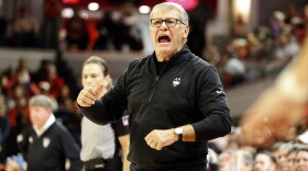 UConn head coach Geno Auriemma protests a call during the second half of an NCAA college basketball game against North Carolina State, Sunday, Nov. 12, 2023, in Raleigh, N.C. (AP Photo/Karl B. DeBlaker)