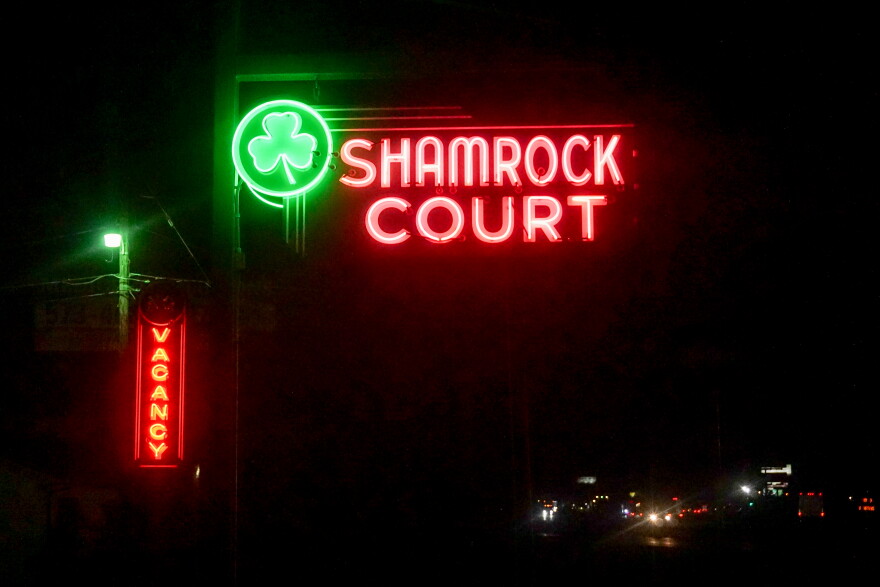 The Shamrock Court's neon sign glows near Interstate 44 in Sullivan on Monday.