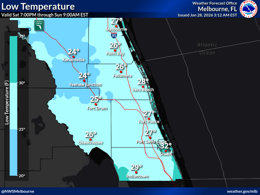 Saturday forecast predicts temps in the low 30s and high 20s on the Treasure Coast