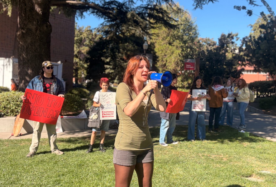 Members of Students for Quality Education protest outside the administration building on Oct. 14, 2026 at California State University, Chico in Chico, Calif.