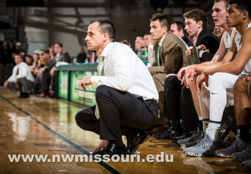 Action shot of Coach Ben McCollum during the Central Missouri basketball game