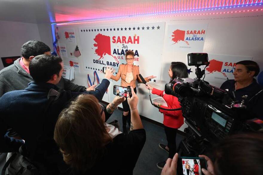 Former Gov. Sarah Palin at her campaign headquarters in South Anchorage after the rank choice ballots were counted on Wednesday.